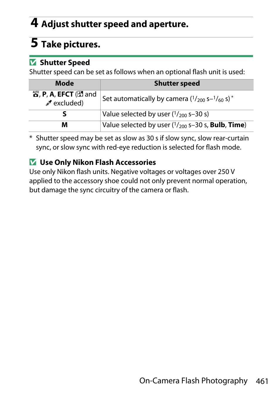 Adjust shutter speed and aperture, Take pictures, 461 on-camera flash photography | Nikon D780 DSLR Camera (Body Only) User Manual | Page 507 / 944