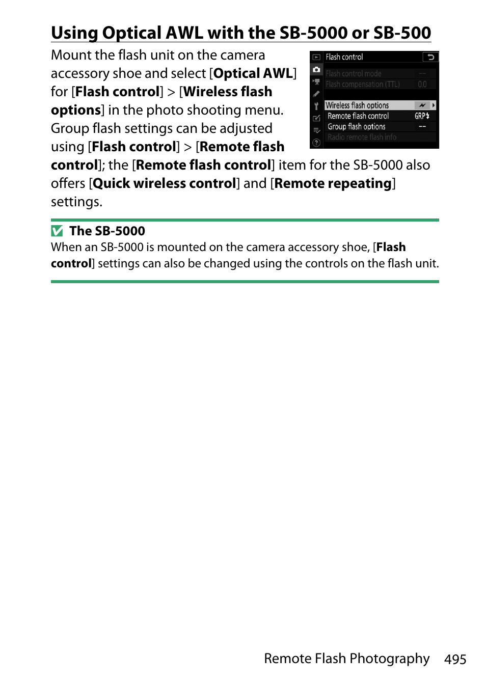 Using optical awl with the sb-5000 or sb-500, The camera | Nikon D780 DSLR Camera (Body Only) User Manual | Page 541 / 944