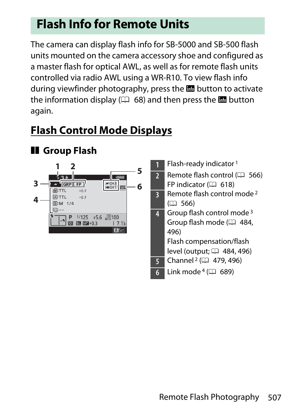 Flash info for remote units, Flash control mode displays, Group flash | Nikon D780 DSLR Camera (Body Only) User Manual | Page 553 / 944