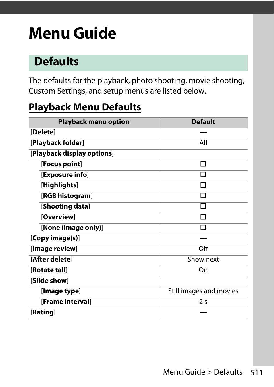 Menu guide, Defaults, Playback menu defaults | Nikon D780 DSLR Camera (Body Only) User Manual | Page 557 / 944