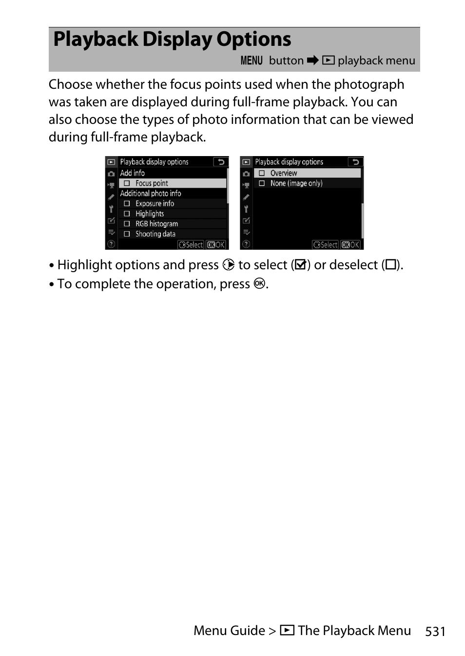 Playback display options | Nikon D780 DSLR Camera (Body Only) User Manual | Page 577 / 944