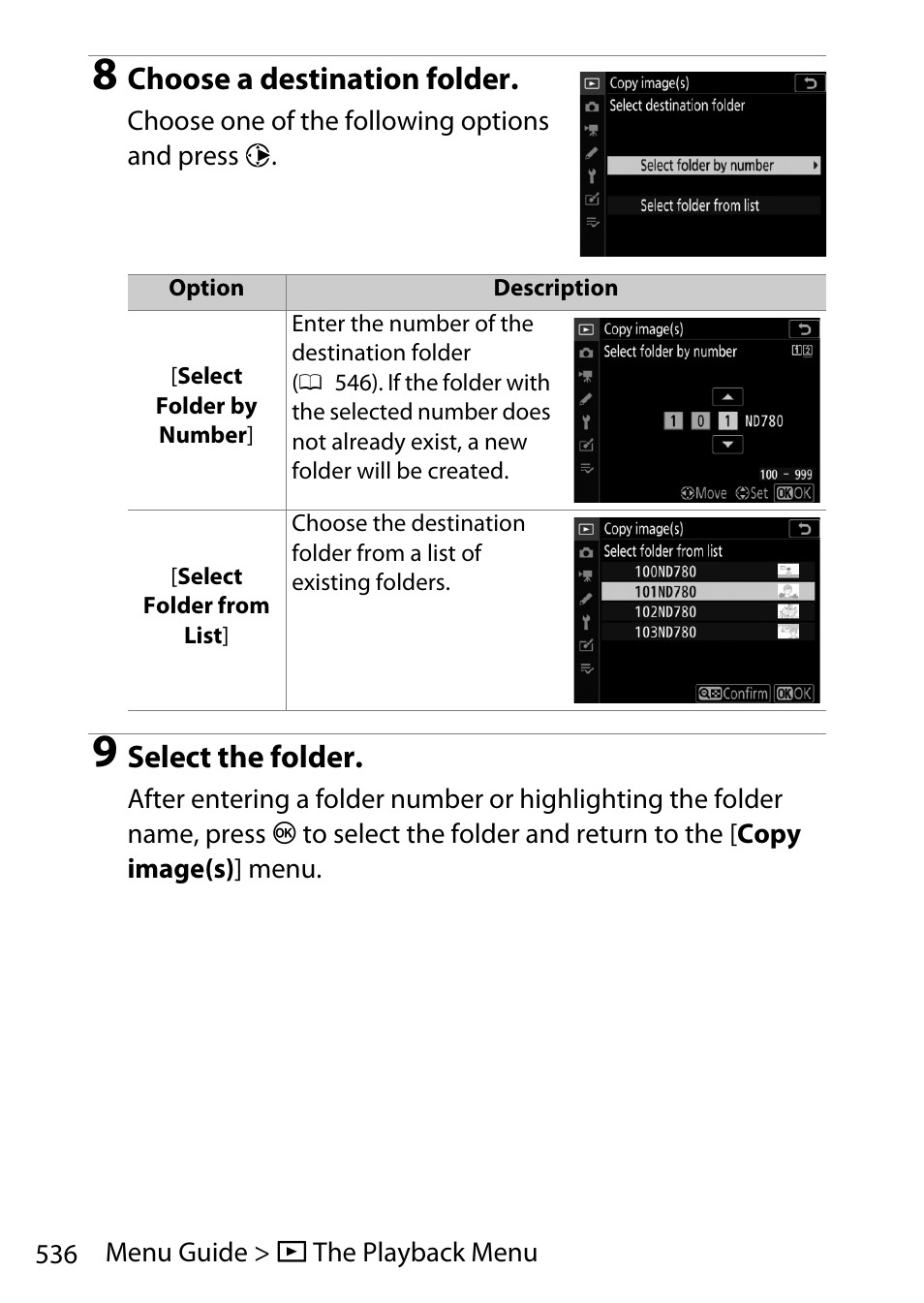 Choose a destination folder, Select the folder | Nikon D780 DSLR Camera (Body Only) User Manual | Page 582 / 944