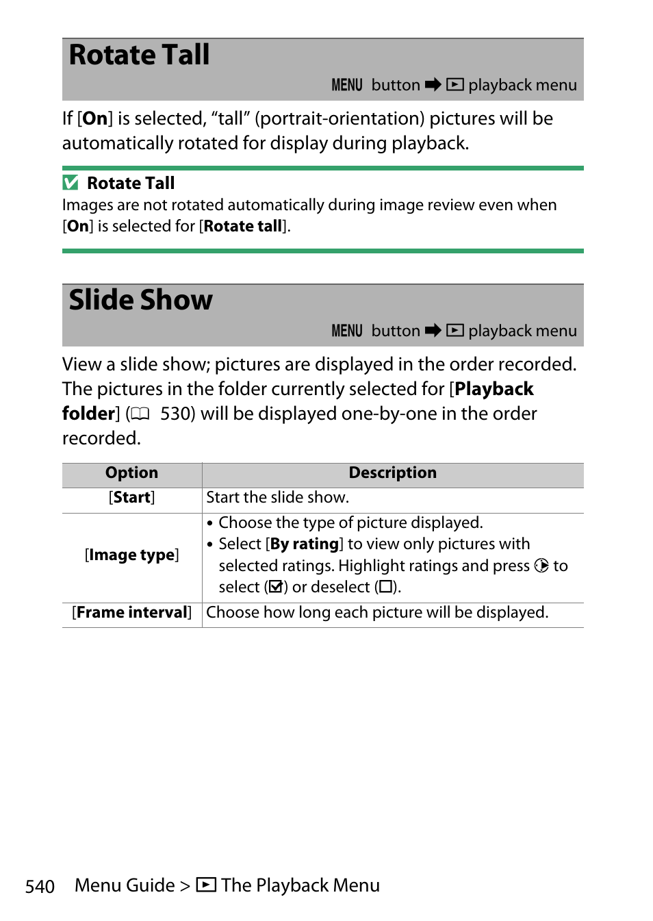 Rotate tall, Slide show | Nikon D780 DSLR Camera (Body Only) User Manual | Page 586 / 944