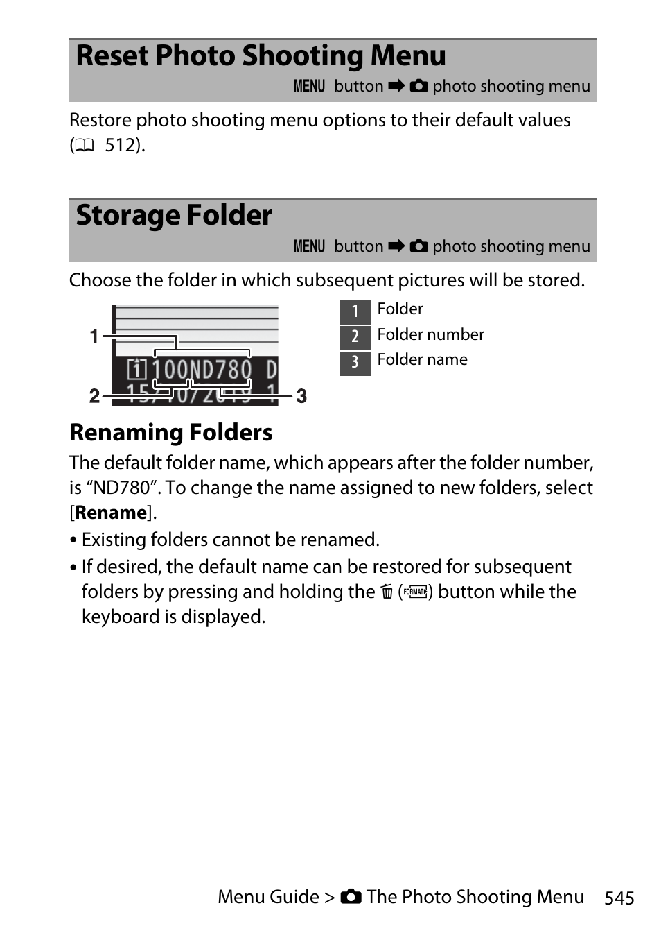 Reset photo shooting menu, Storage folder, Renaming folders | Nikon D780 DSLR Camera (Body Only) User Manual | Page 591 / 944