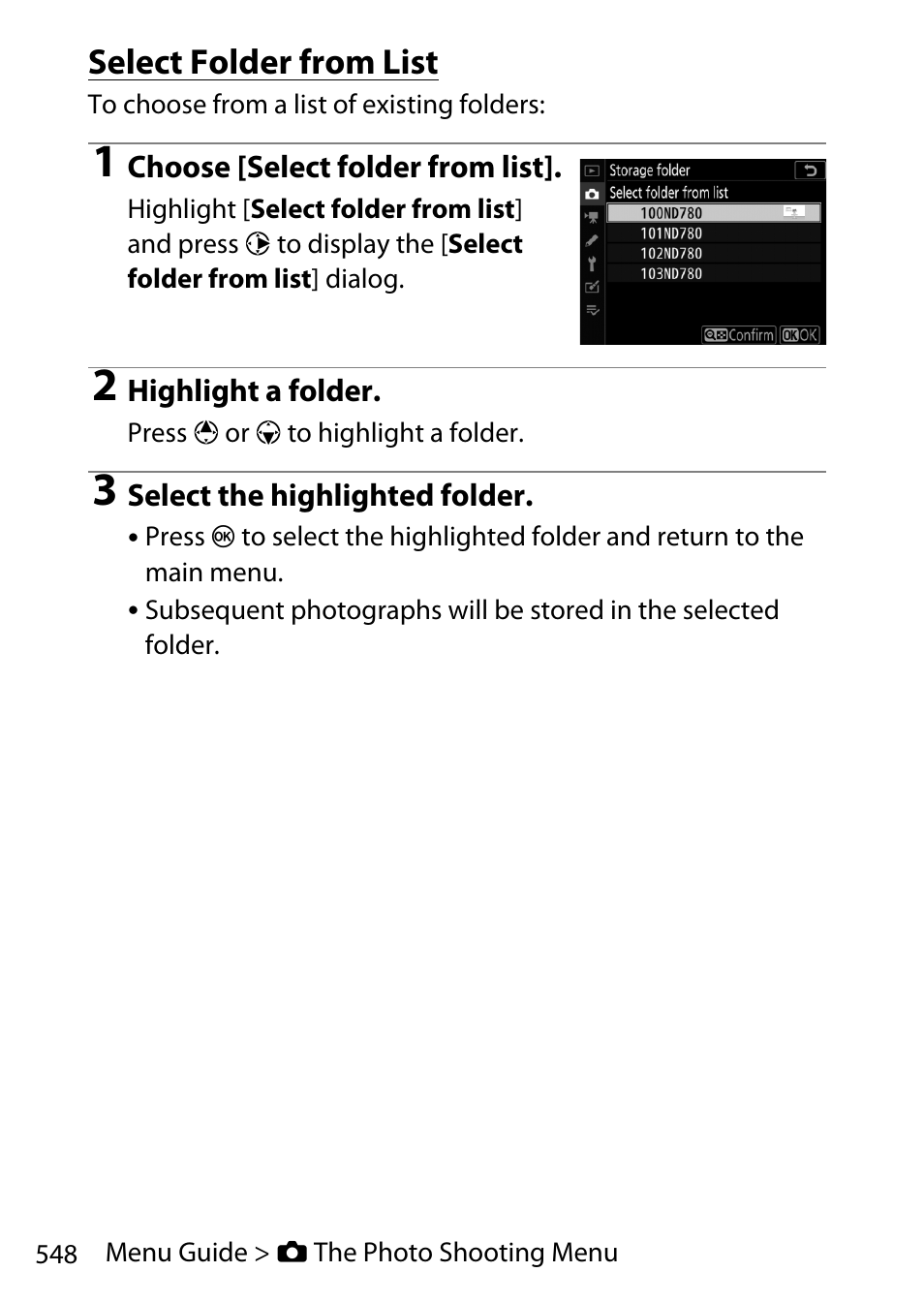 Select folder from list | Nikon D780 DSLR Camera (Body Only) User Manual | Page 594 / 944