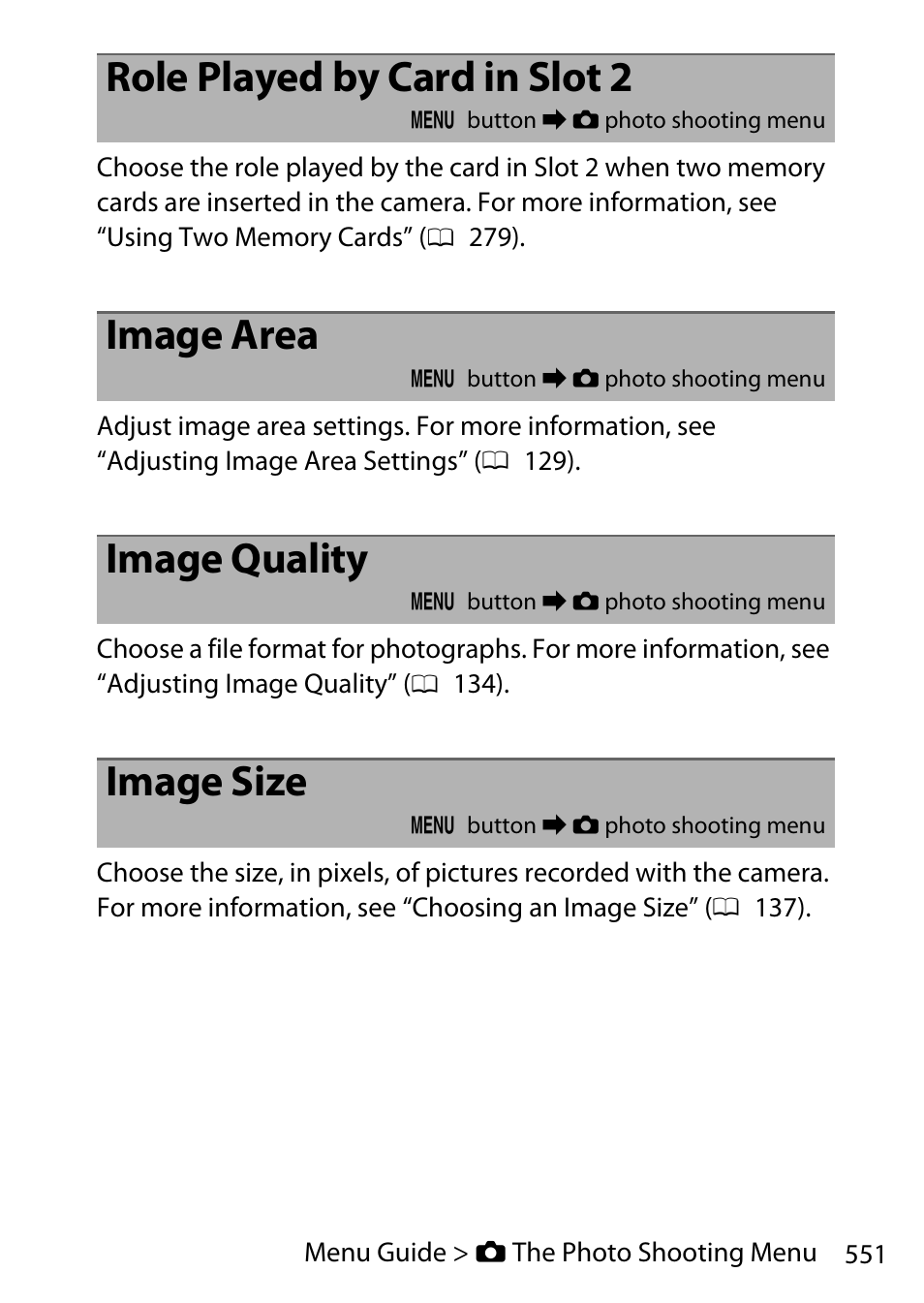 Role played by card in slot 2, Image area, Image quality | Image size | Nikon D780 DSLR Camera (Body Only) User Manual | Page 597 / 944