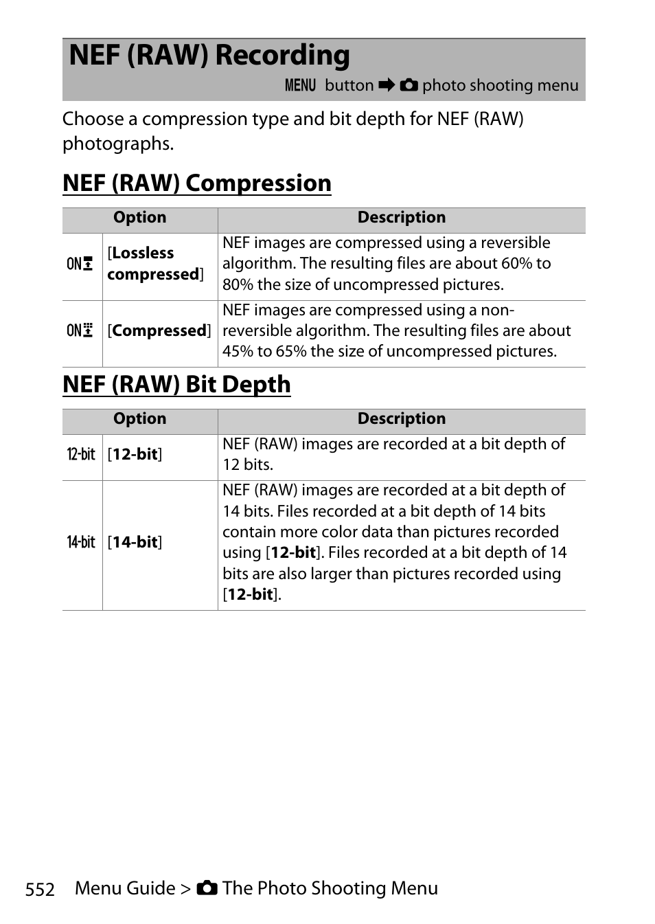 Nef (raw) recording, Nef (raw) compression, Nef (raw) bit depth | Nef (raw) compression nef (raw) bit depth | Nikon D780 DSLR Camera (Body Only) User Manual | Page 598 / 944