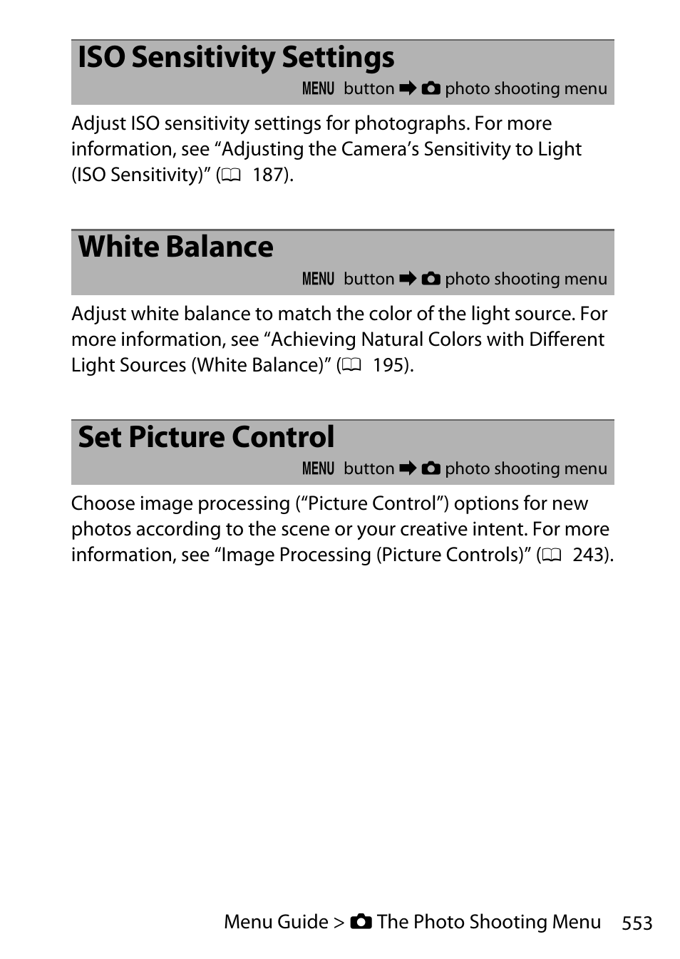 Iso sensitivity settings, White balance, Set picture control | Nikon D780 DSLR Camera (Body Only) User Manual | Page 599 / 944