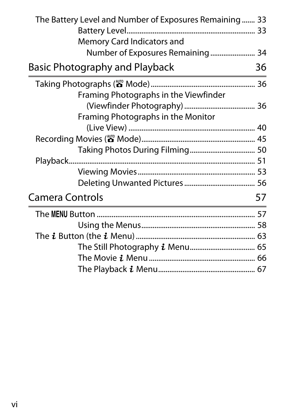 Basic photography and playback 36, Camera controls 57 | Nikon D780 DSLR Camera (Body Only) User Manual | Page 6 / 944