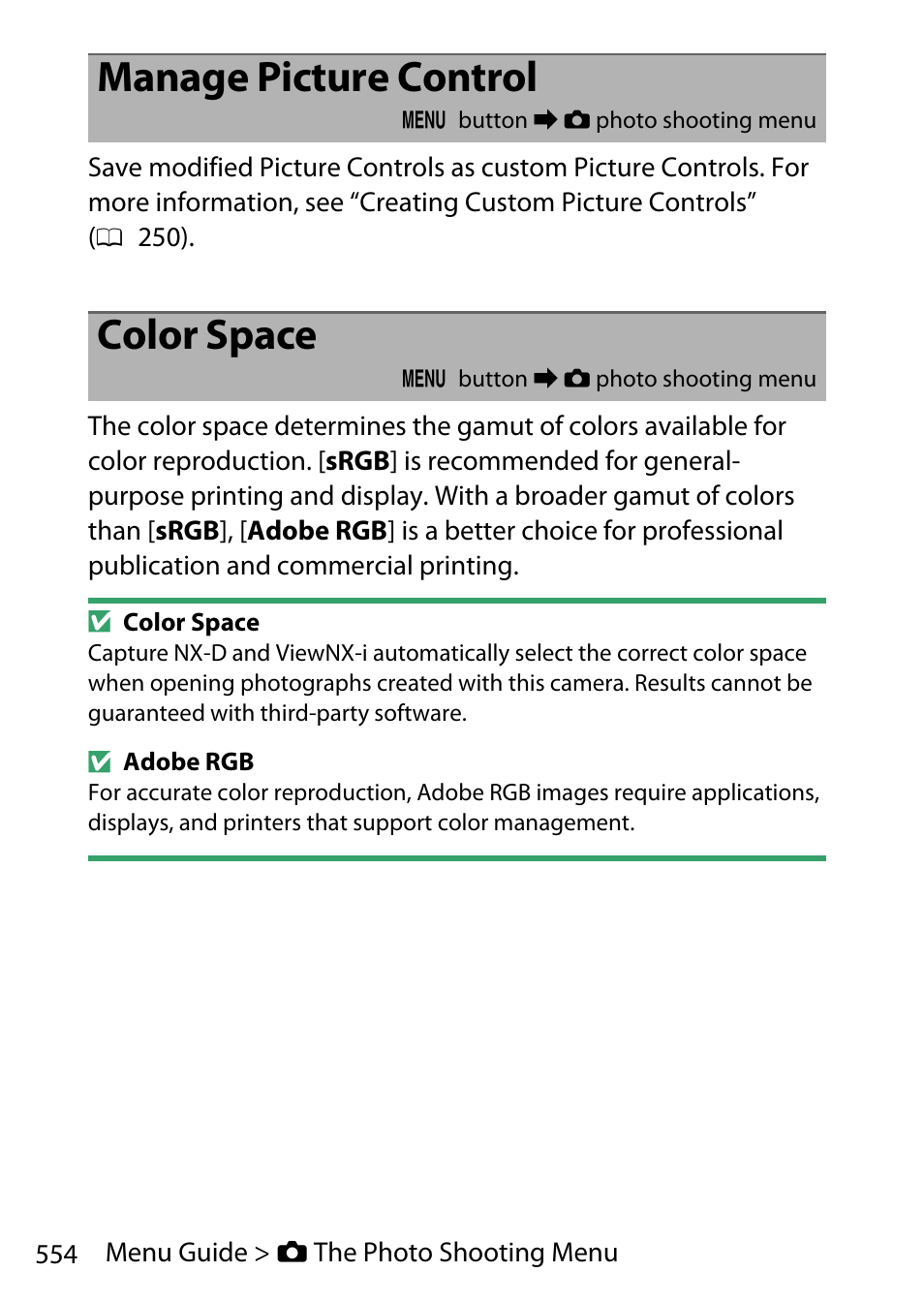 Manage picture control, Color space | Nikon D780 DSLR Camera (Body Only) User Manual | Page 600 / 944