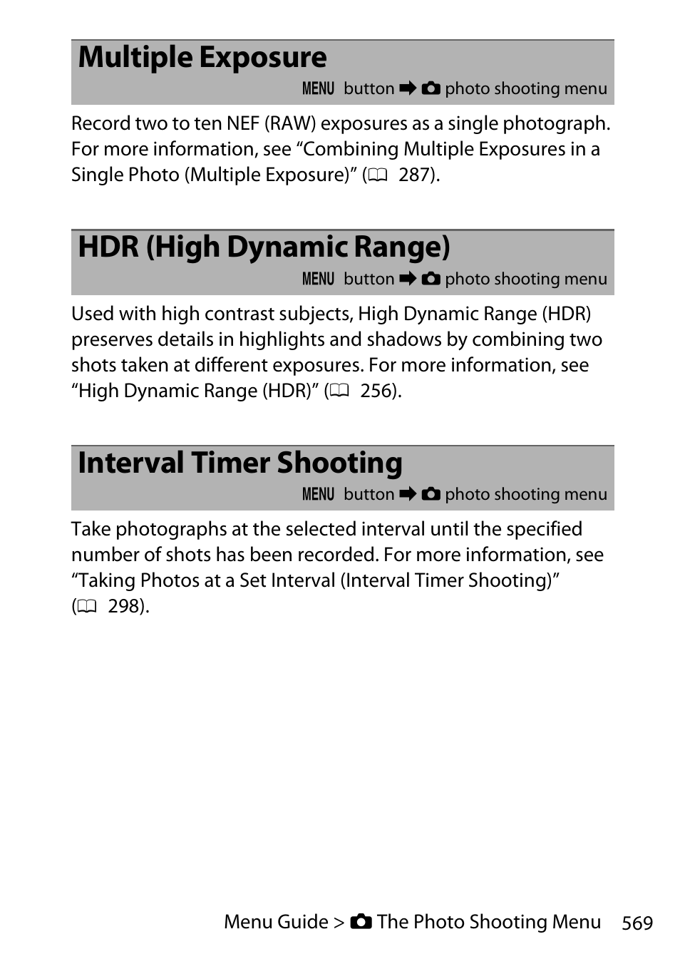 Multiple exposure, Hdr (high dynamic range), Interval timer shooting | Nikon D780 DSLR Camera (Body Only) User Manual | Page 615 / 944