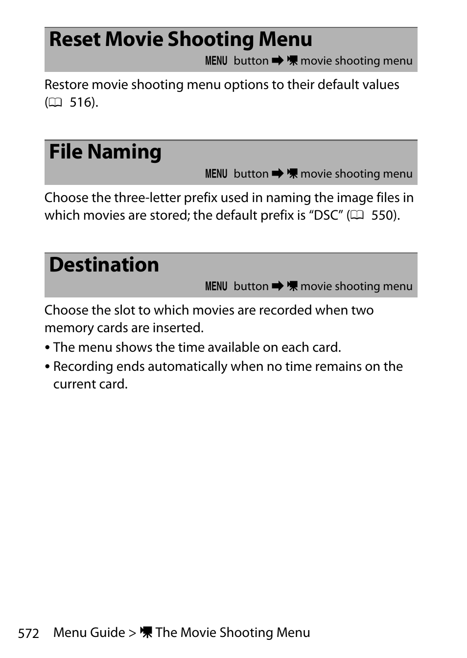 Reset movie shooting menu, File naming, Destination | Nikon D780 DSLR Camera (Body Only) User Manual | Page 618 / 944