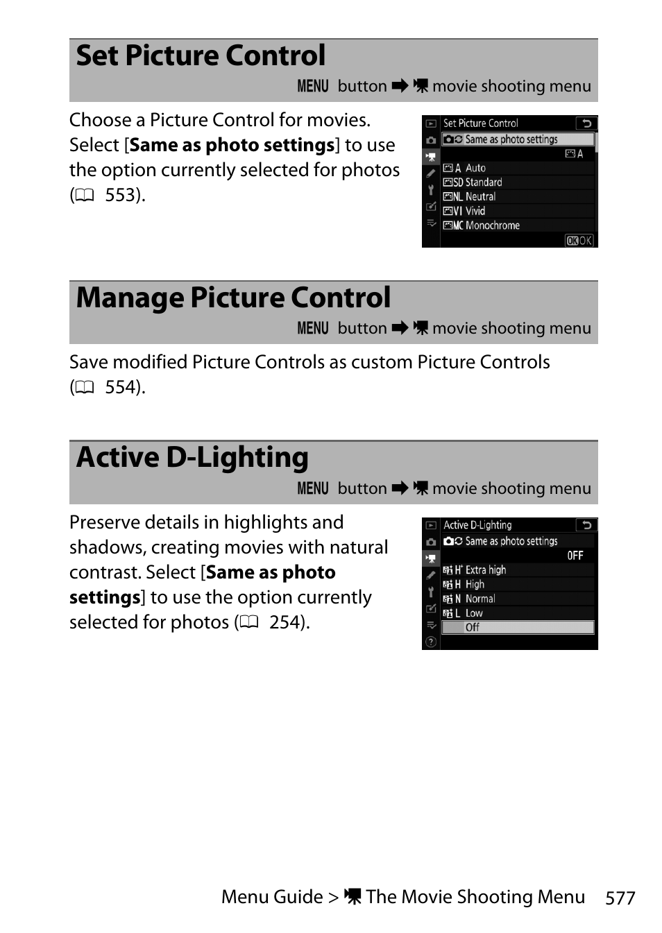 Set picture control, Manage picture control, Active d-lighting | Nikon D780 DSLR Camera (Body Only) User Manual | Page 623 / 944