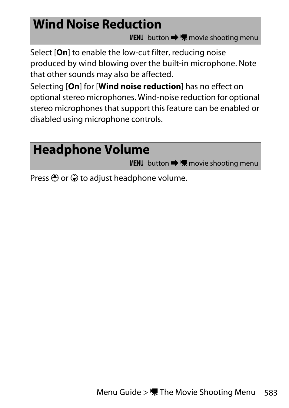 Wind noise reduction, Headphone volume | Nikon D780 DSLR Camera (Body Only) User Manual | Page 629 / 944