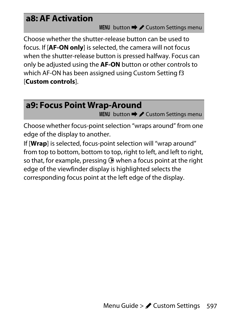 A8: af activation, A9: focus point wrap-around | Nikon D780 DSLR Camera (Body Only) User Manual | Page 643 / 944