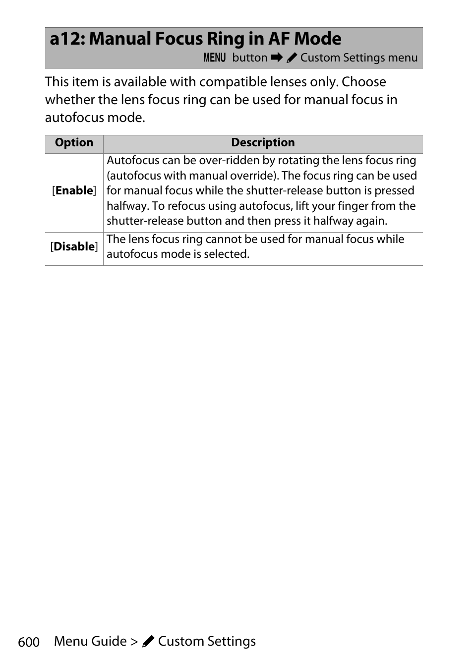 A12: manual focus ring in af mode | Nikon D780 DSLR Camera (Body Only) User Manual | Page 646 / 944