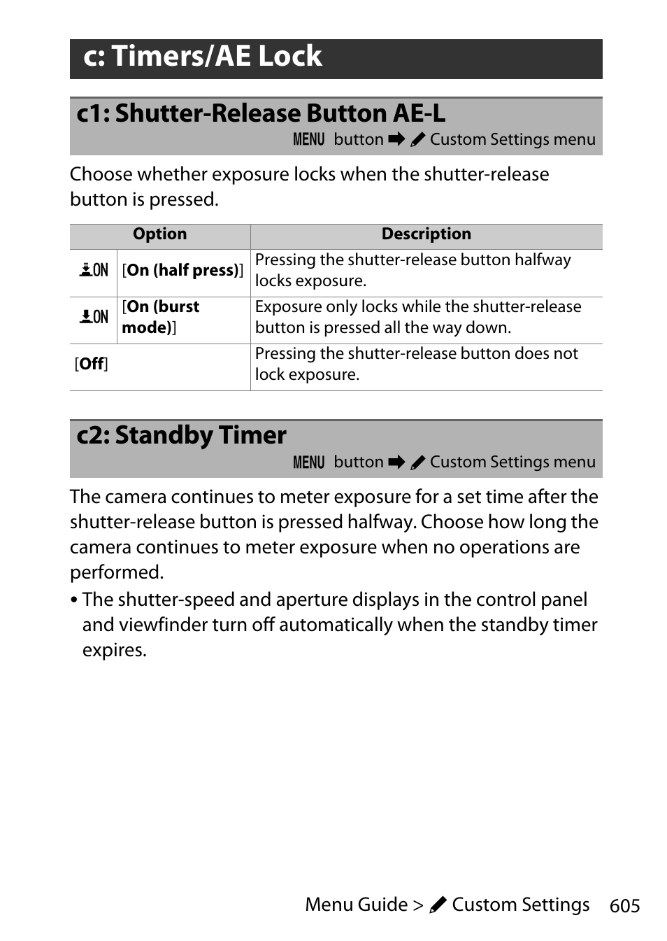 C: timers/ae lock, C1: shutter-release button ae-l, C2: standby timer | Nikon D780 DSLR Camera (Body Only) User Manual | Page 651 / 944