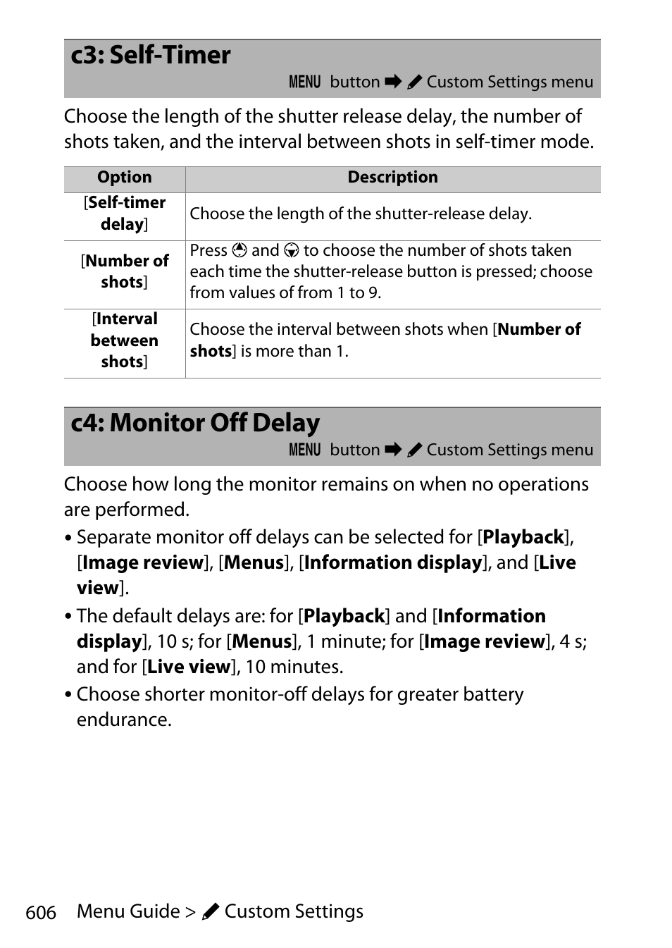 C3: self-timer, C4: monitor off delay | Nikon D780 DSLR Camera (Body Only) User Manual | Page 652 / 944