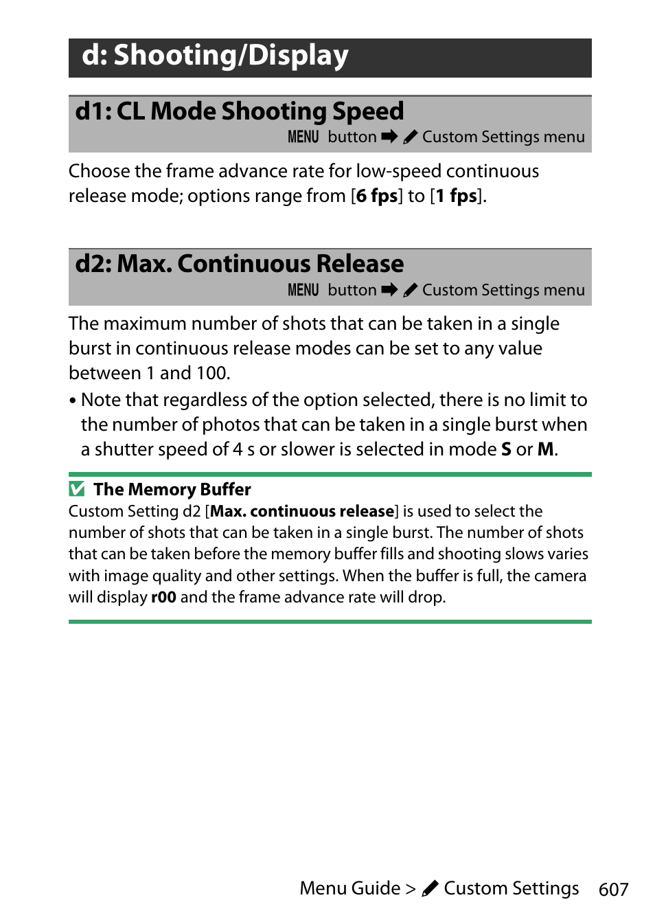 D: shooting/display, D1: cl mode shooting speed, D2: max. continuous release | Nikon D780 DSLR Camera (Body Only) User Manual | Page 653 / 944