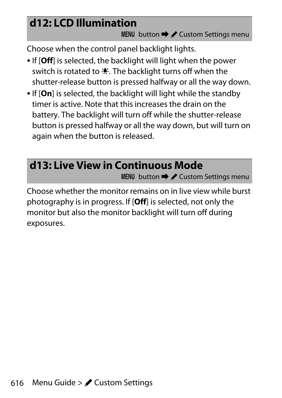 D12: lcd illumination, D13: live view in continuous mode | Nikon D780 DSLR Camera (Body Only) User Manual | Page 662 / 944