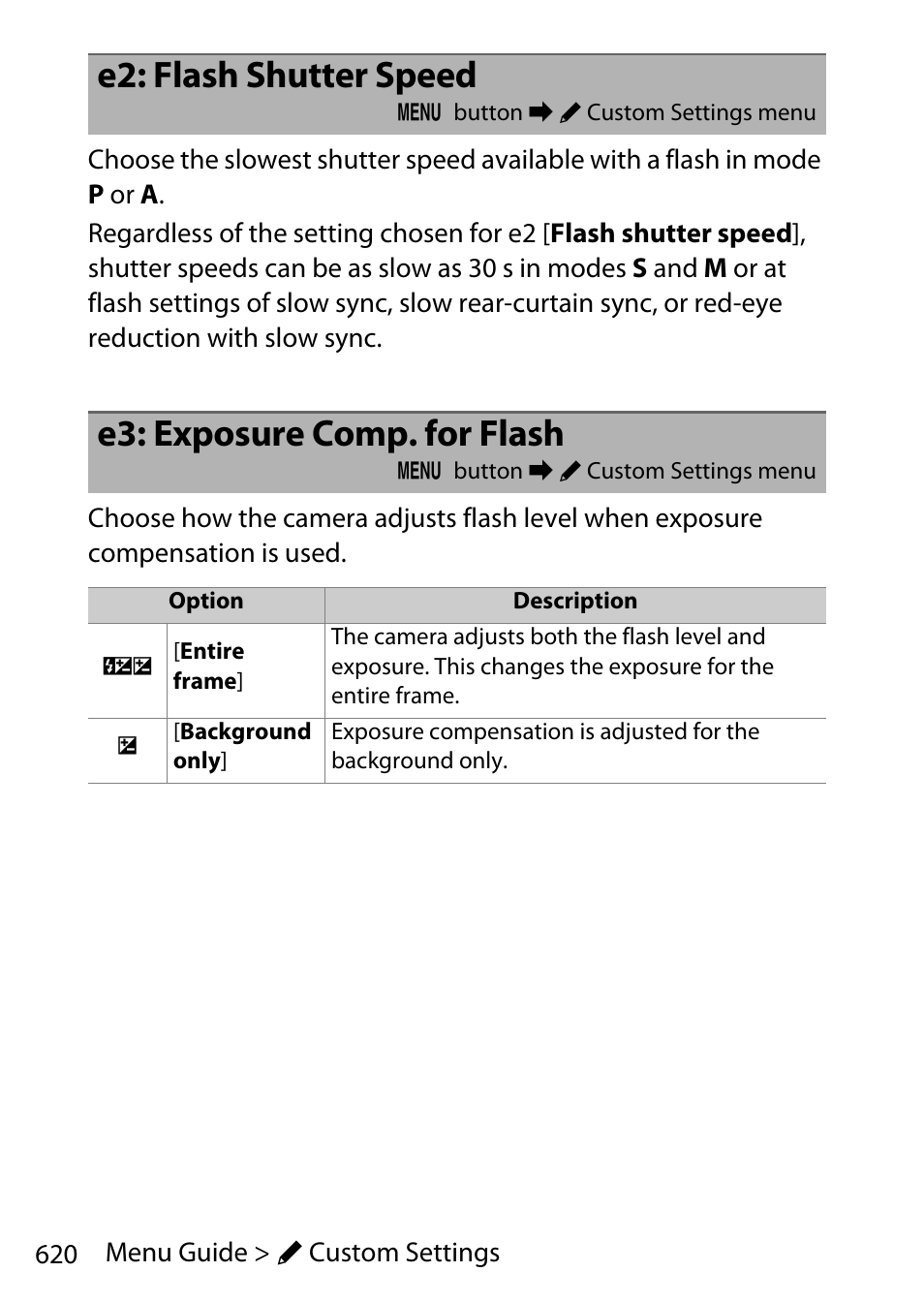 E2: flash shutter speed, E3: exposure comp. for flash | Nikon D780 DSLR Camera (Body Only) User Manual | Page 666 / 944