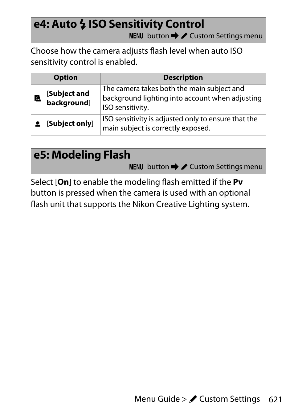 E4: auto flash iso sensitivity control, E5: modeling flash, E4: auto c iso sensitivity control | Nikon D780 DSLR Camera (Body Only) User Manual | Page 667 / 944