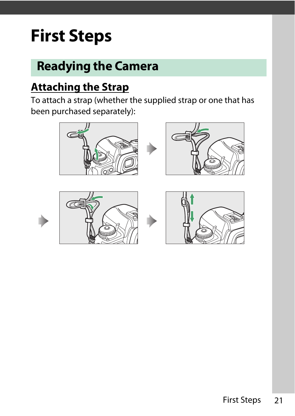 First steps, Readying the camera, Attaching the strap | Nikon D780 DSLR Camera (Body Only) User Manual | Page 67 / 944