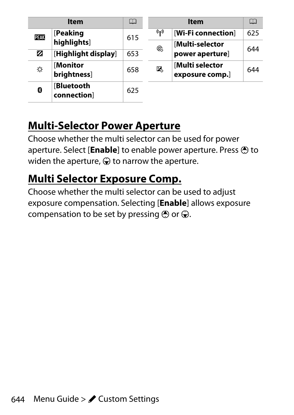 Multi-selector power aperture, Multi selector exposure comp | Nikon D780 DSLR Camera (Body Only) User Manual | Page 690 / 944