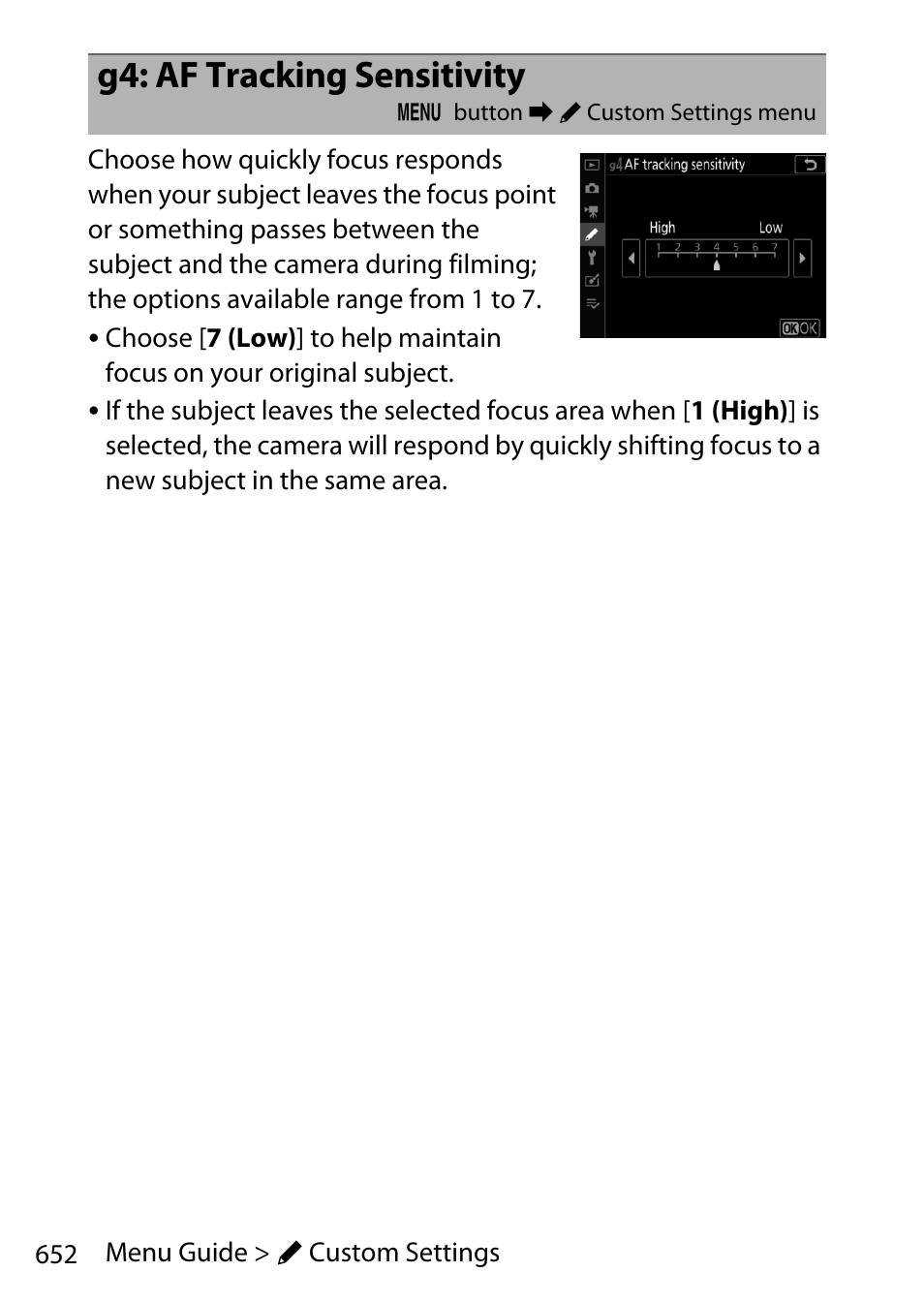 G4: af tracking sensitivity | Nikon D780 DSLR Camera (Body Only) User Manual | Page 698 / 944