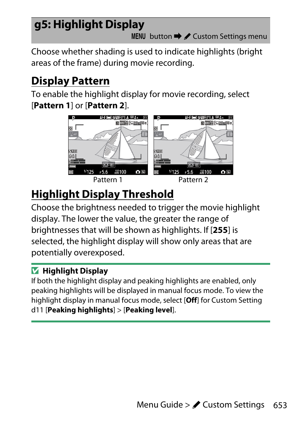 G5: highlight display, Display pattern, Highlight display threshold | Nikon D780 DSLR Camera (Body Only) User Manual | Page 699 / 944