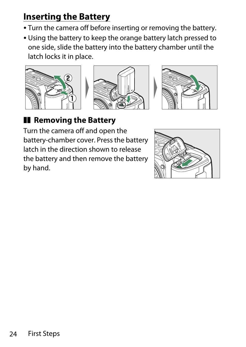 Inserting the battery | Nikon D780 DSLR Camera (Body Only) User Manual | Page 70 / 944