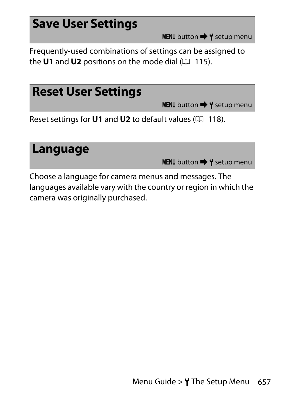 Save user settings, Reset user settings, Language | Nikon D780 DSLR Camera (Body Only) User Manual | Page 703 / 944