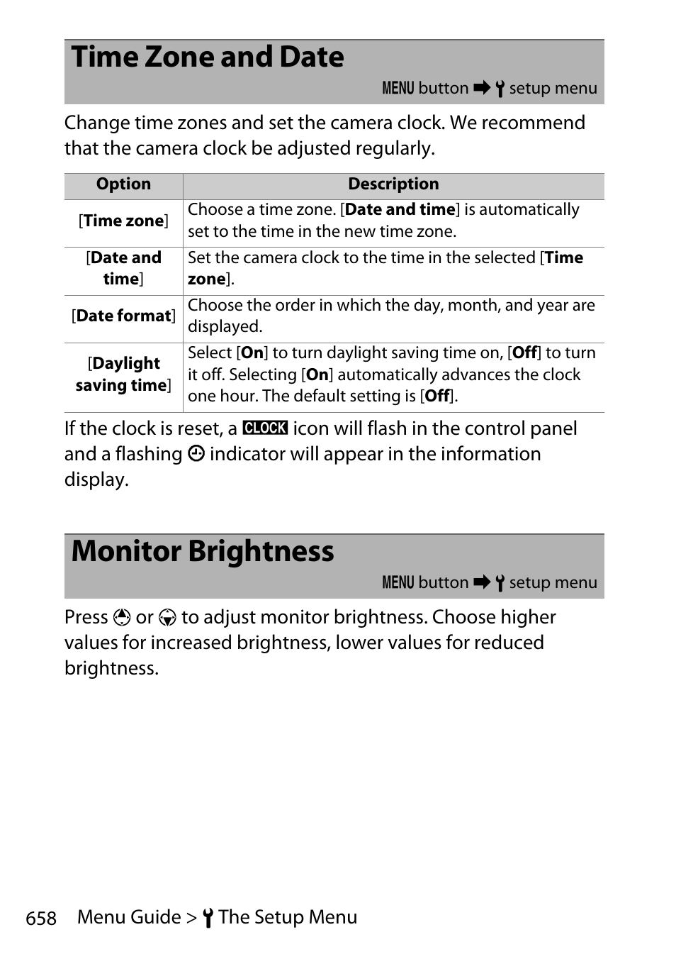 Time zone and date, Monitor brightness | Nikon D780 DSLR Camera (Body Only) User Manual | Page 704 / 944