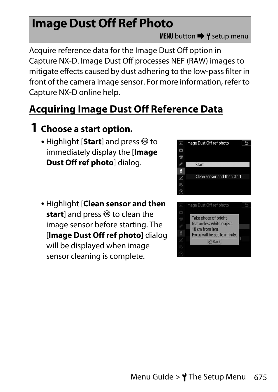 Image dust off ref photo, Acquiring image dust off reference data | Nikon D780 DSLR Camera (Body Only) User Manual | Page 721 / 944