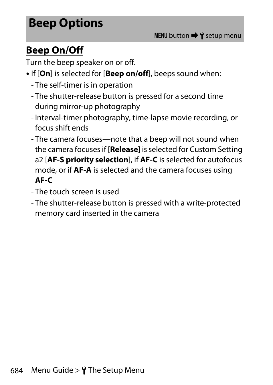 Beep options, Beep on/off | Nikon D780 DSLR Camera (Body Only) User Manual | Page 730 / 944