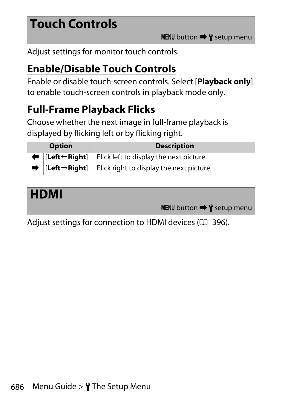 Touch controls, Enable/disable touch controls, Full-frame playback flicks | Hdmi | Nikon D780 DSLR Camera (Body Only) User Manual | Page 732 / 944