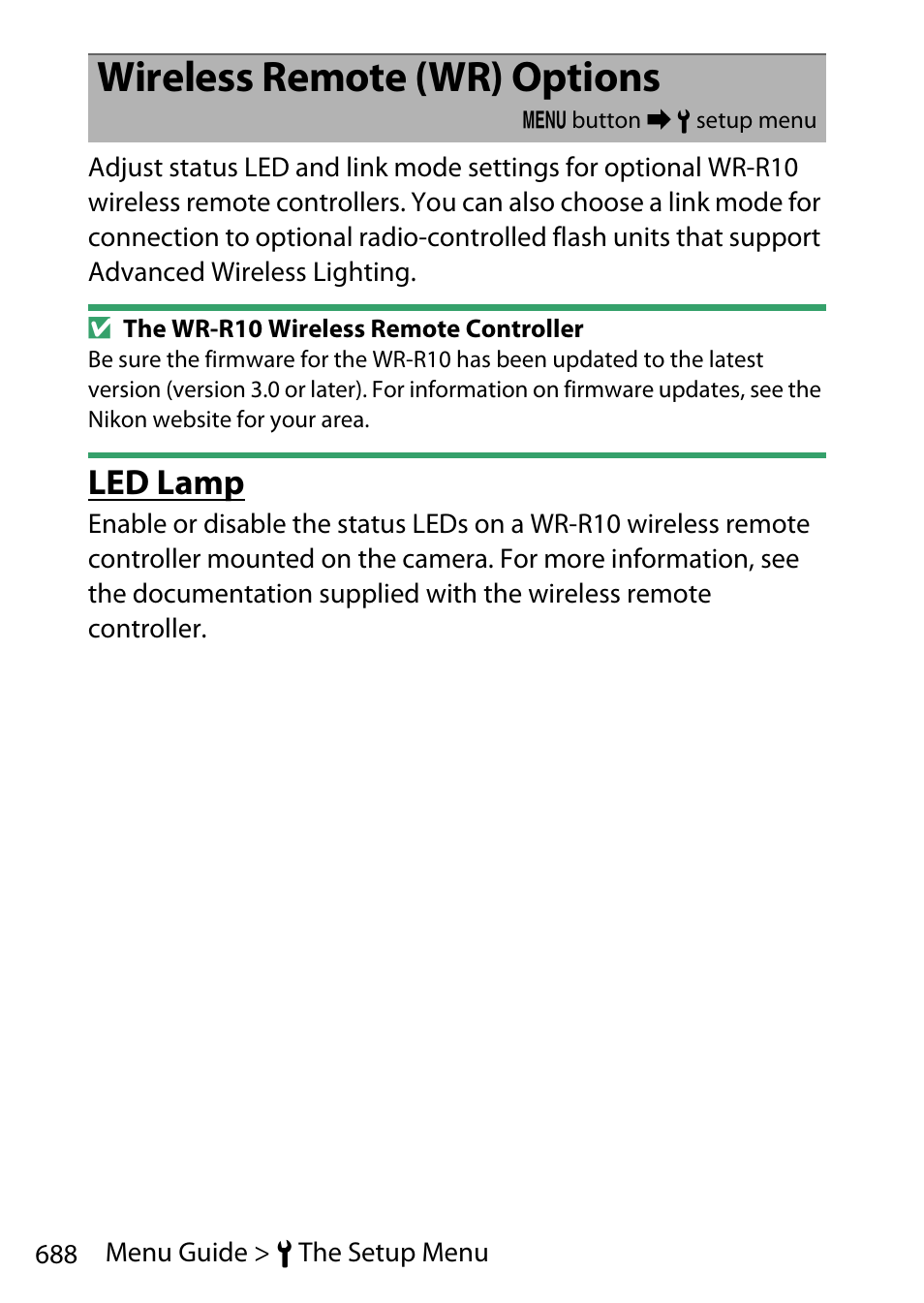 Wireless remote (wr) options, Led lamp | Nikon D780 DSLR Camera (Body Only) User Manual | Page 734 / 944