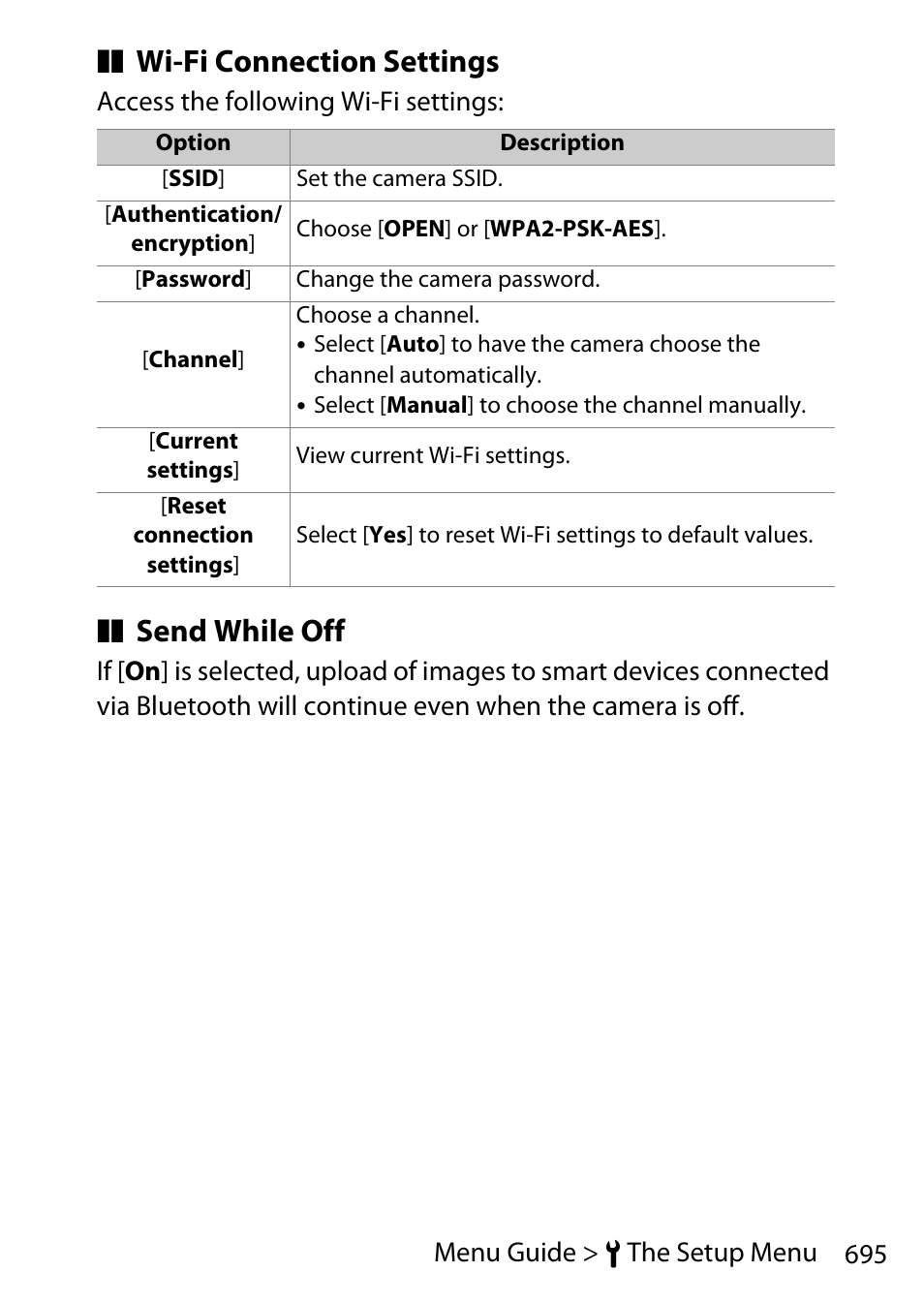 Wi-fi connection settings, Send while off | Nikon D780 DSLR Camera (Body Only) User Manual | Page 741 / 944