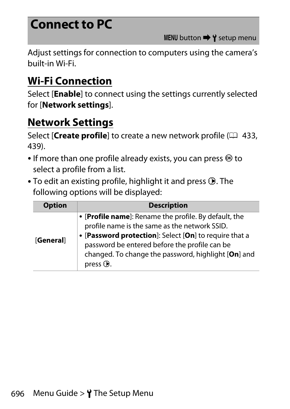 Connect to pc, Wi-fi connection, Network settings | Setup menu | Nikon D780 DSLR Camera (Body Only) User Manual | Page 742 / 944