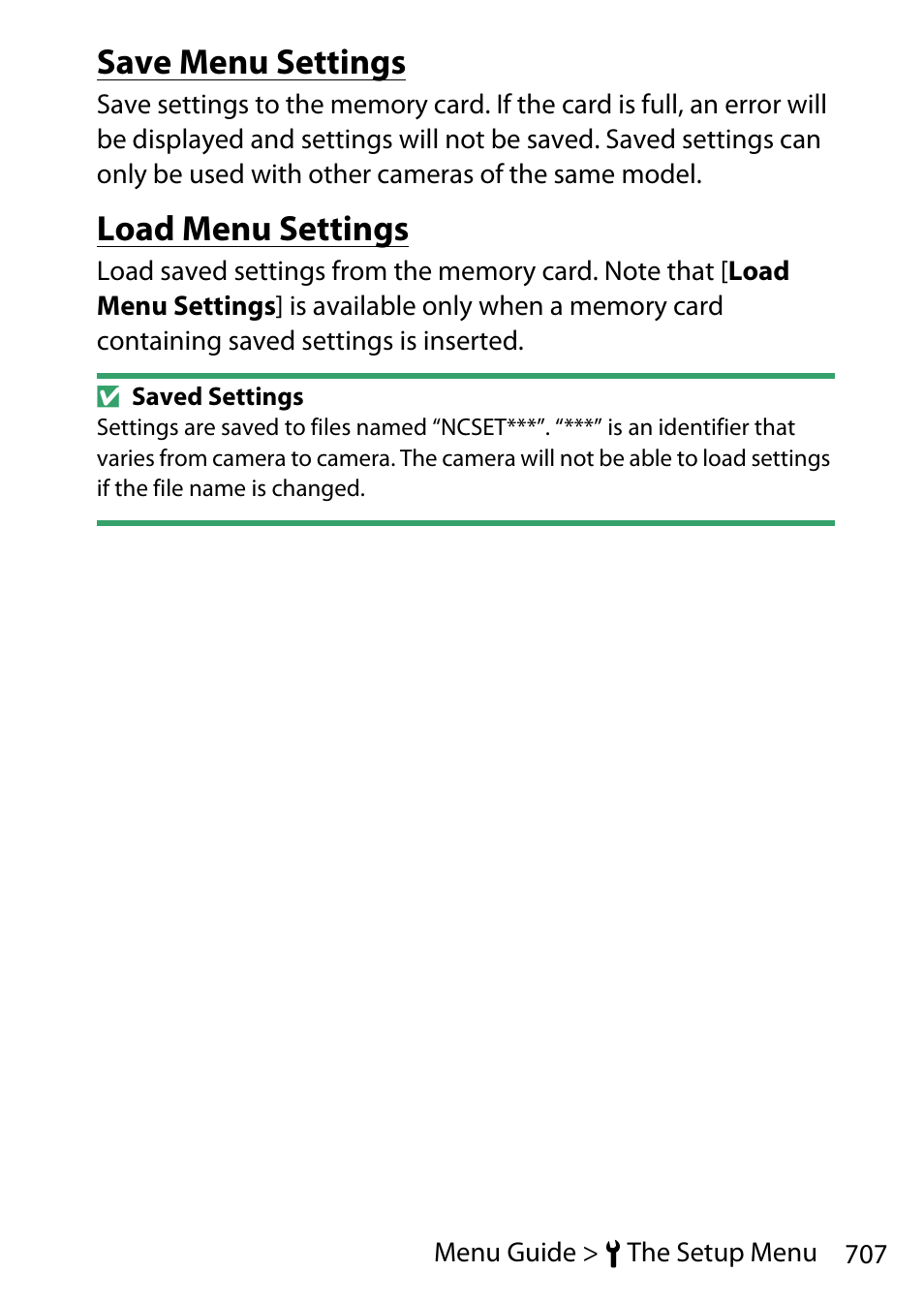 Save menu settings, Load menu settings | Nikon D780 DSLR Camera (Body Only) User Manual | Page 753 / 944