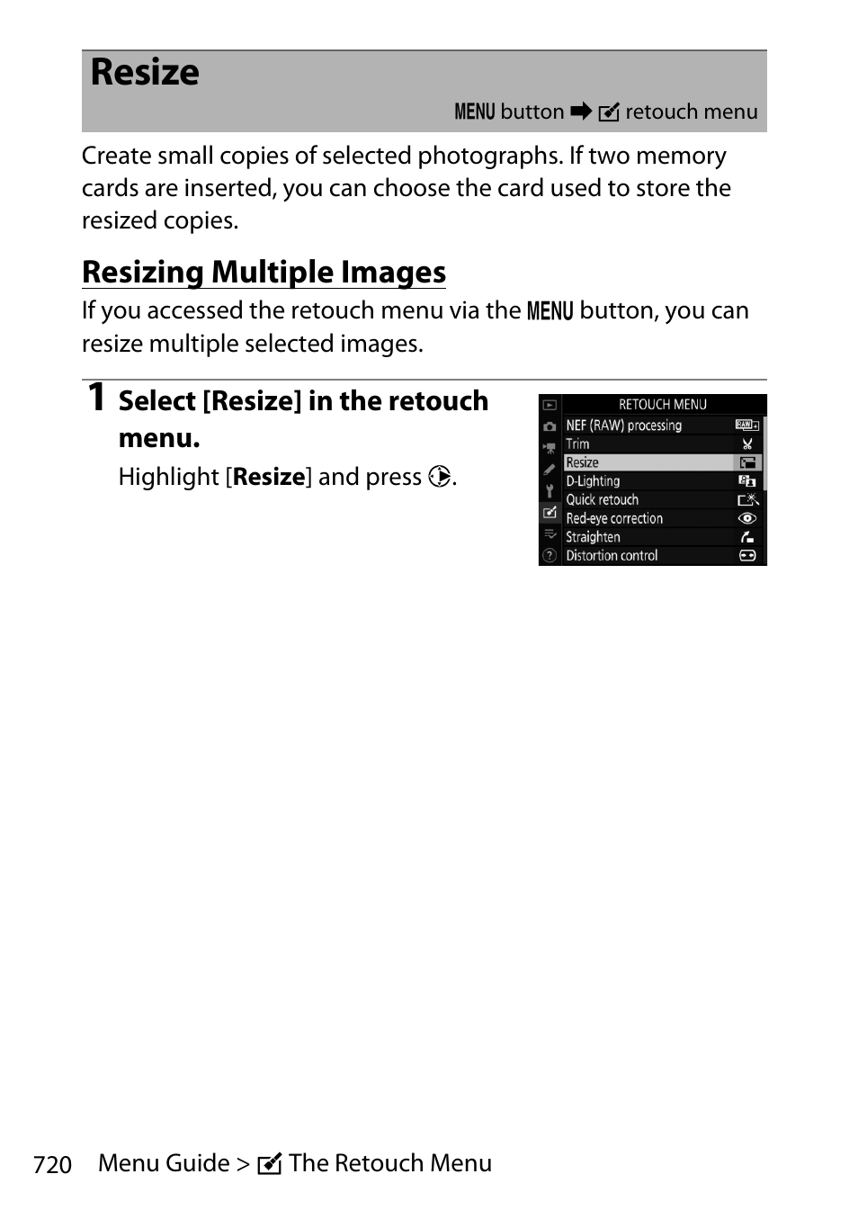 Resize, Resizing multiple images | Nikon D780 DSLR Camera (Body Only) User Manual | Page 766 / 944