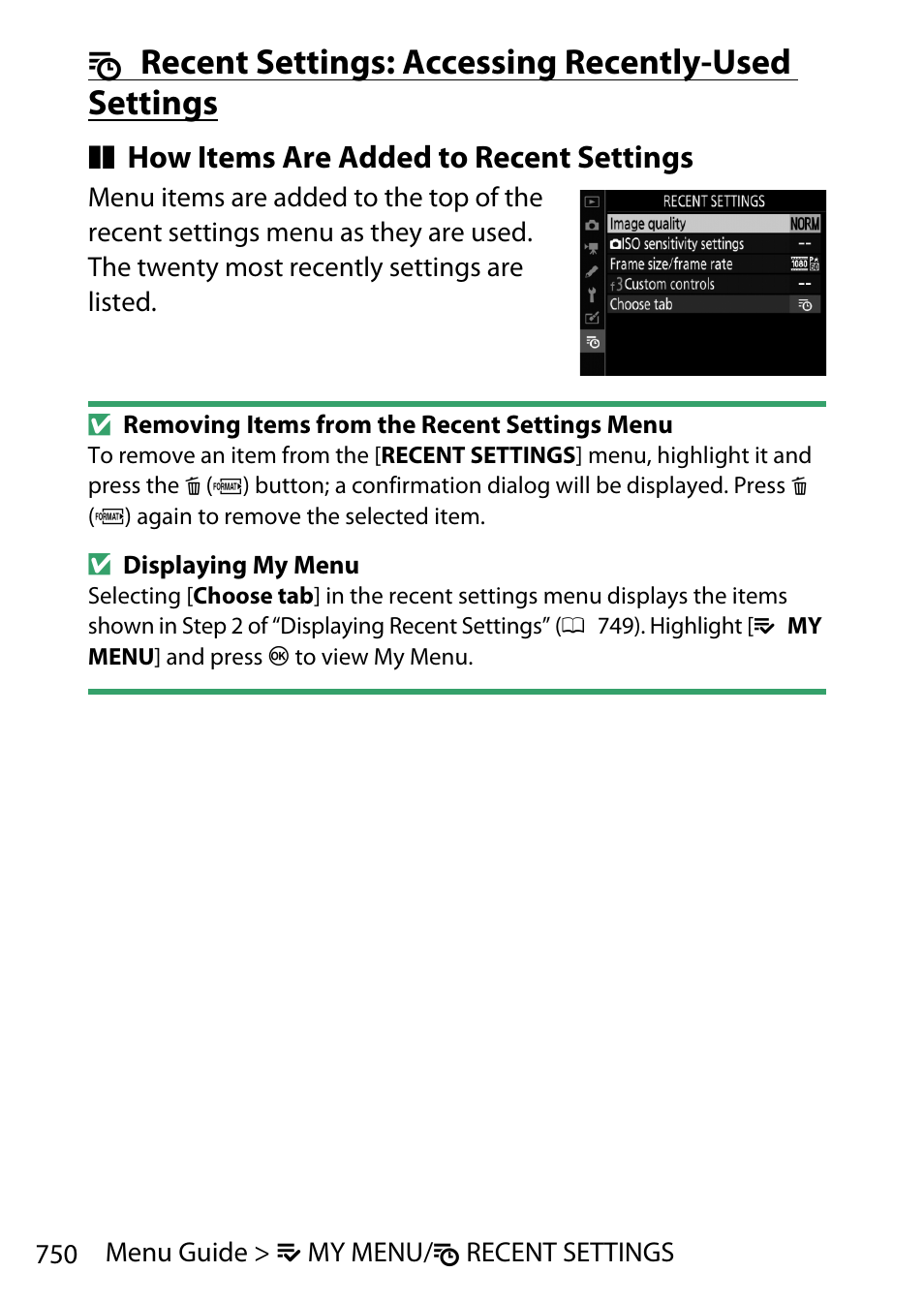 Recent settings: accessing recently-used settings, Mrecent settings: accessing recently-used settings, How items are added to recent settings | Nikon D780 DSLR Camera (Body Only) User Manual | Page 796 / 944