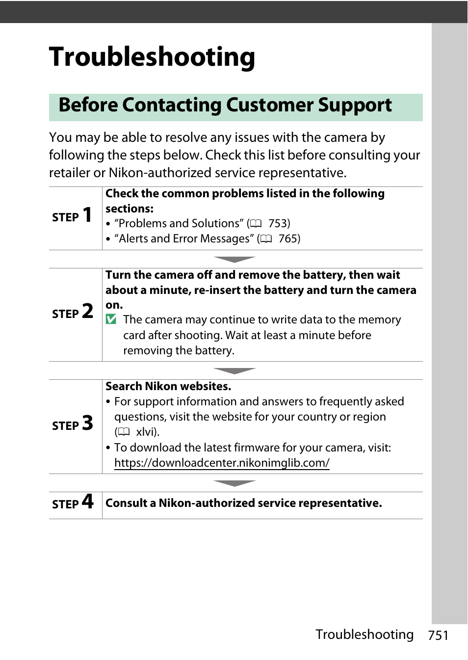 Troubleshooting, Before contacting customer support | Nikon D780 DSLR Camera (Body Only) User Manual | Page 797 / 944