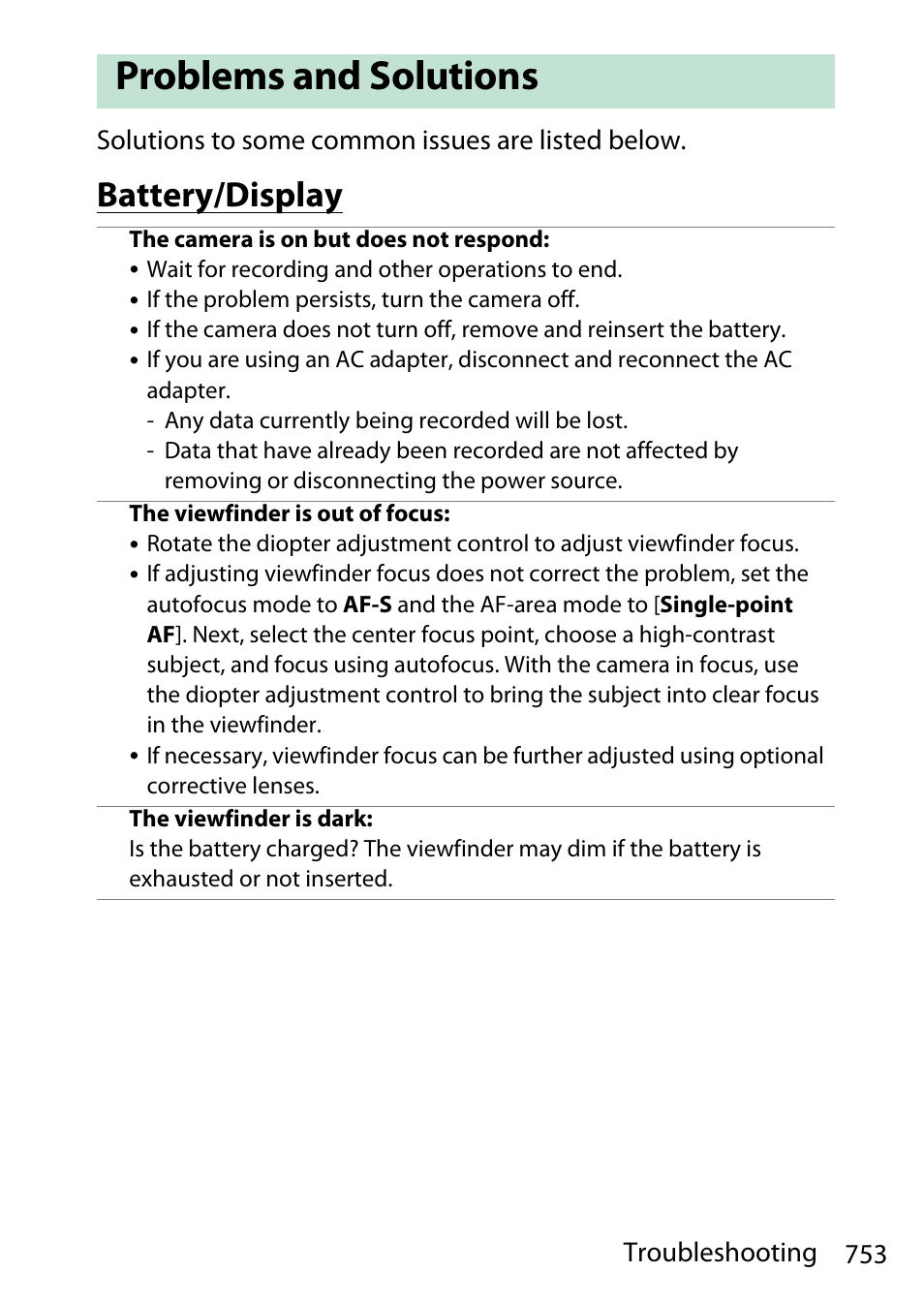 Problems and solutions, Battery/display | Nikon D780 DSLR Camera (Body Only) User Manual | Page 799 / 944