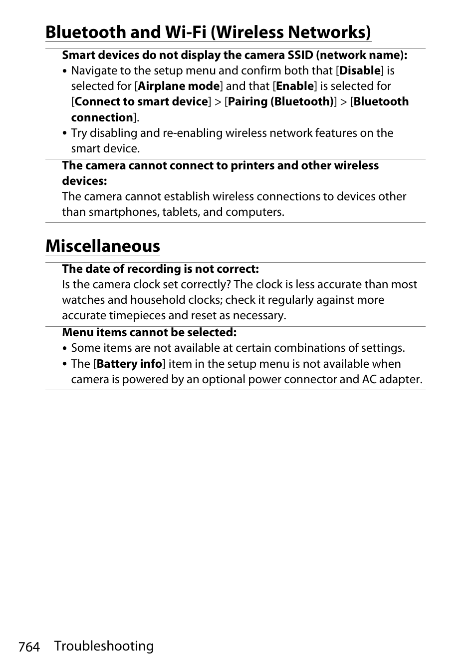 Bluetooth and wi-fi (wireless networks), Miscellaneous, 764 troubleshooting | Nikon D780 DSLR Camera (Body Only) User Manual | Page 810 / 944