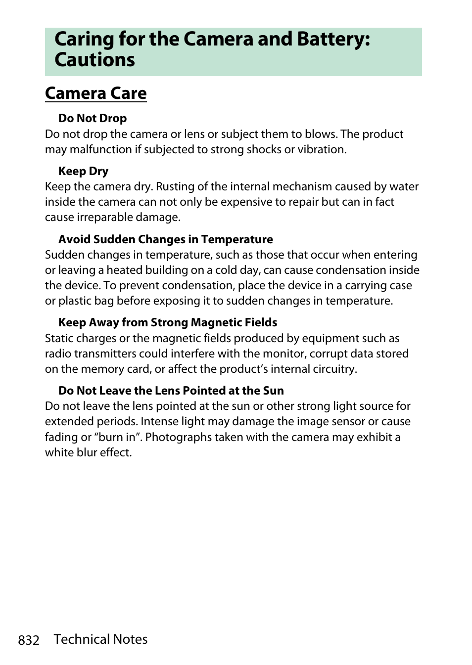 Caring for the camera and battery: cautions, Camera care | Nikon D780 DSLR Camera (Body Only) User Manual | Page 878 / 944