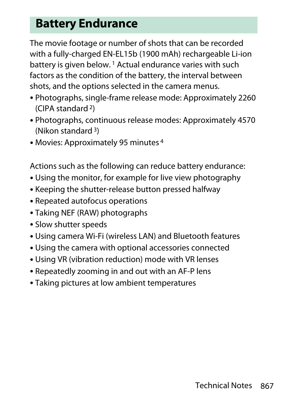 Battery endurance | Nikon D780 DSLR Camera (Body Only) User Manual | Page 913 / 944