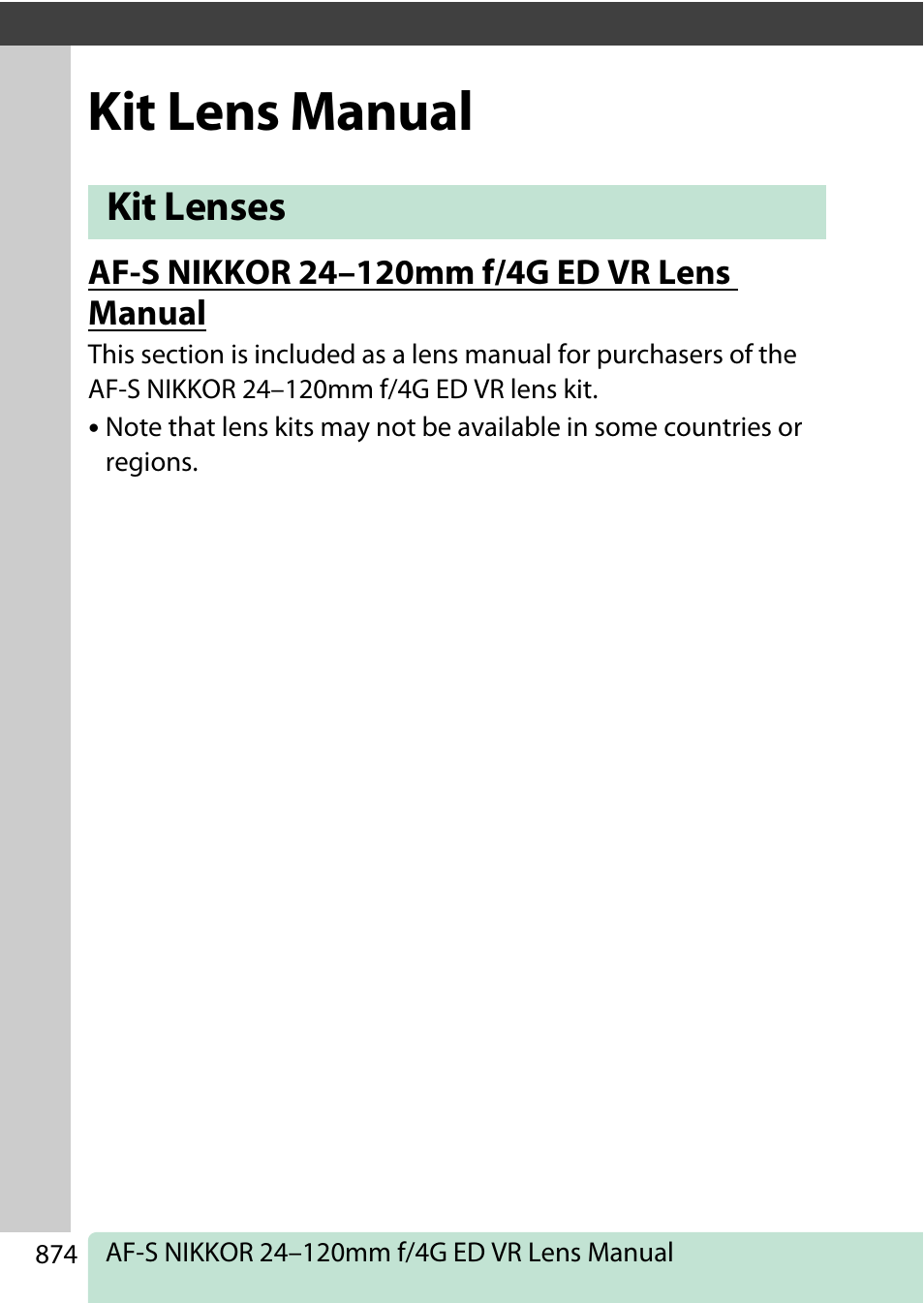 Kit lens manual, Kit lenses, Af-s nikkor 24–120mm f/4g ed vr lens manual | Nikon D780 DSLR Camera (Body Only) User Manual | Page 920 / 944