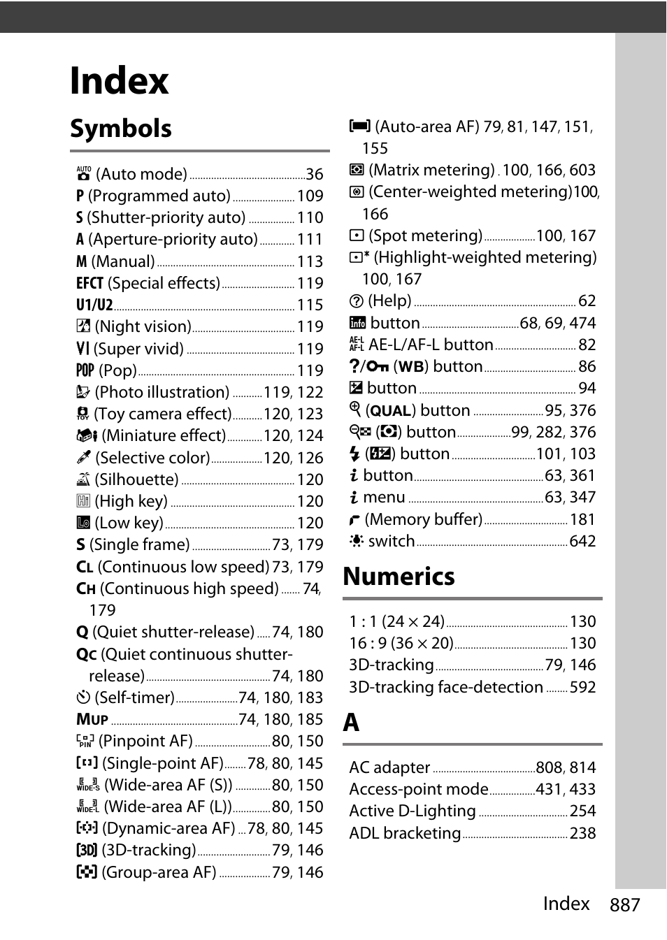 Index, Symbols, Numerics | 887 index | Nikon D780 DSLR Camera (Body Only) User Manual | Page 933 / 944