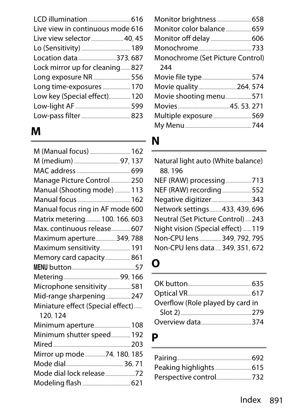 891 index | Nikon D780 DSLR Camera (Body Only) User Manual | Page 937 / 944